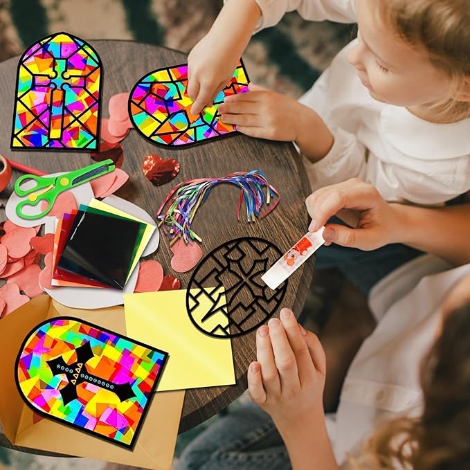 EggSun 36 Sets Cross Church Suncatcher Crafts for Kid Relgious Stained Glass Window Arts and Crafts Suncatcher Kit for Sunday School Thanksgiving Christmas Home Party Decorations