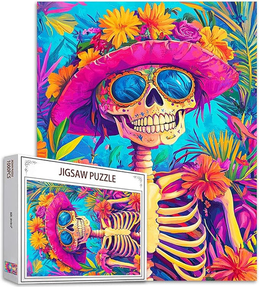 Tucocoo 1000 Pieces Jigsaw Puzzles for Adults Whimsical Cute Skeleton Painting Puzzle Tropical Skull Bright Art Puzzles for Challenging Family Activity Game Colorful DIY Puzzle Wall Decor Gifts