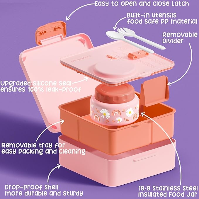 Fimibuke Bento lunch Box Set for Kids Adult with 8oz Thermos Food Jar, Insulated Lunch Bag &Sauce Cup, Leakproof Dishwasher Safe Toddler Lunch Food Container with 3-4 Compartment for School Girls Boys