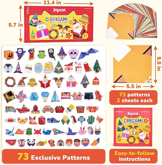 Joycat Origami Paper Kit For Kids,180 Sheet 5.5x5.5"Colorful Paper,73 Unique Pattern with Instruction Book,Art&Crafts Activitiy Supply set for Ages 5-12,Ideal DIY Project,Educational Toy,Gift For Kids