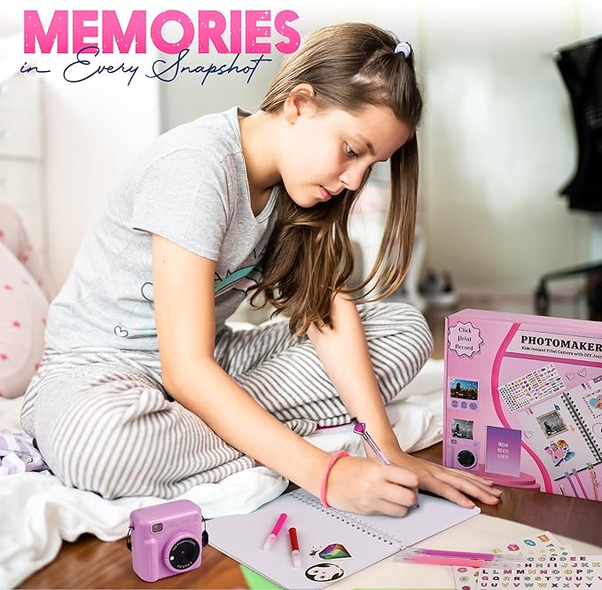 Photomaker Kit - Instant Print Camera for Kids Plus DIY Journal Kit for Girls - 150 Pcs Tween Journal & Camera for Girls - 6 7 8 9 10 11 12 13 14 Year Old Girl (Lilac)