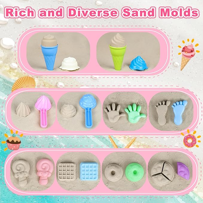 Beach Toys, Ice Cream Sand Toys with Collapsible Beach Bucket, Ice Cream Scoop and Cart, Sand Molds, Mesh Bag, Summer Outdoor Travel Toys for Toddlers 3-5