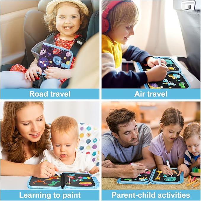 Erasable Doodle Set for Kids - Reusable Magic Drawing Book with 12 Watercolor Pens 14 Page Drawing, Road Trip Car Game Writing Painting Set for Boys and Girls (Monsters)