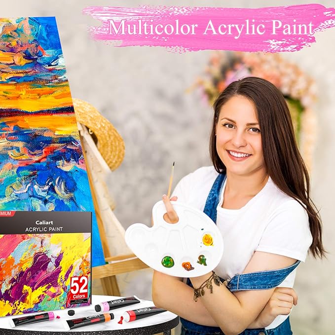 Caliart Acrylic Paint Set with 12 Brushes, 42 Colors (59ml, 2oz) Art Craft Paints Gifts for Artists Kids Beginners & Painters, Halloween Pumpkin Canvas Ceramic Rock Painting Kit Art Supplies