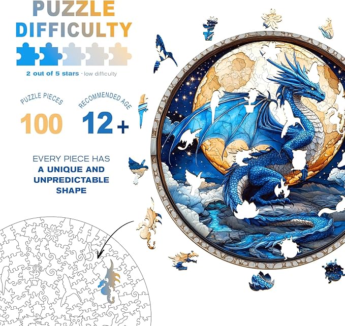 Wooden Puzzles for Adults - Moonlight Blue Dragon Wooden Jigsaw Puzzle - Unique Shape 3D Vision Wood Puzzles Adult - Christmas Birthday Gifts for Adults/Friends/Family - 100pcs 8.5 * 8.5in