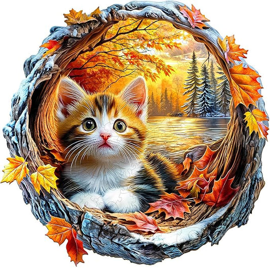 Wooden Puzzles for Adults - Kitten in Autumn Wooden Jigsaw Puzzle, Unique Animal Shaped Wood Puzzles Adult, Christmas Birthday Gifts for Friends/Family, Home Decor 8.5 * 8.4in 100pcs