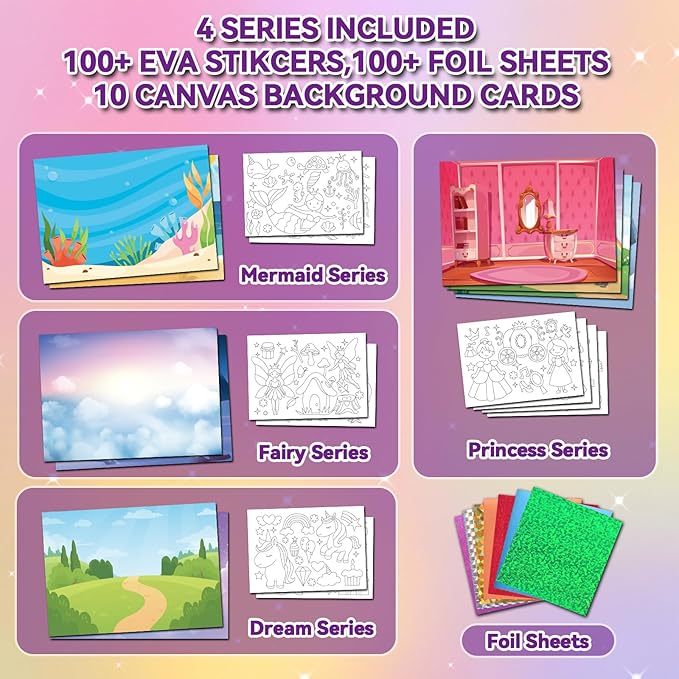 ATFUNSHOP Magical Foil Art Princesses Unicorn Mermaid & Fairy - No Mess Foil Craft Kit for Kids Ages 4 5 6 7 8 9 Fun Creative DIY Activity, Ideal Birthday Gift for Girls