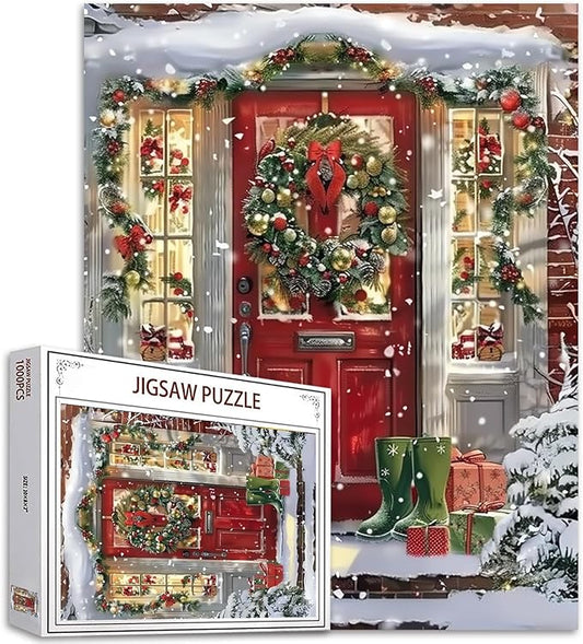 Christmas Scene 1000 Piece Jigsaw Puzzles for Adults Winter Festival Painting Jigsaw Puzzle Happy New Year 1000 Pieces Puzzles for Challenging Family Activity Game Stairs Art Wall Decor DIY Puzzle