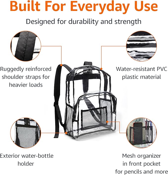 Amazon Basics Transparent School Backpack, With Water-Resistant PVC Plastic Material and Ruggedly Reinforced Shoulder Straps, Clear