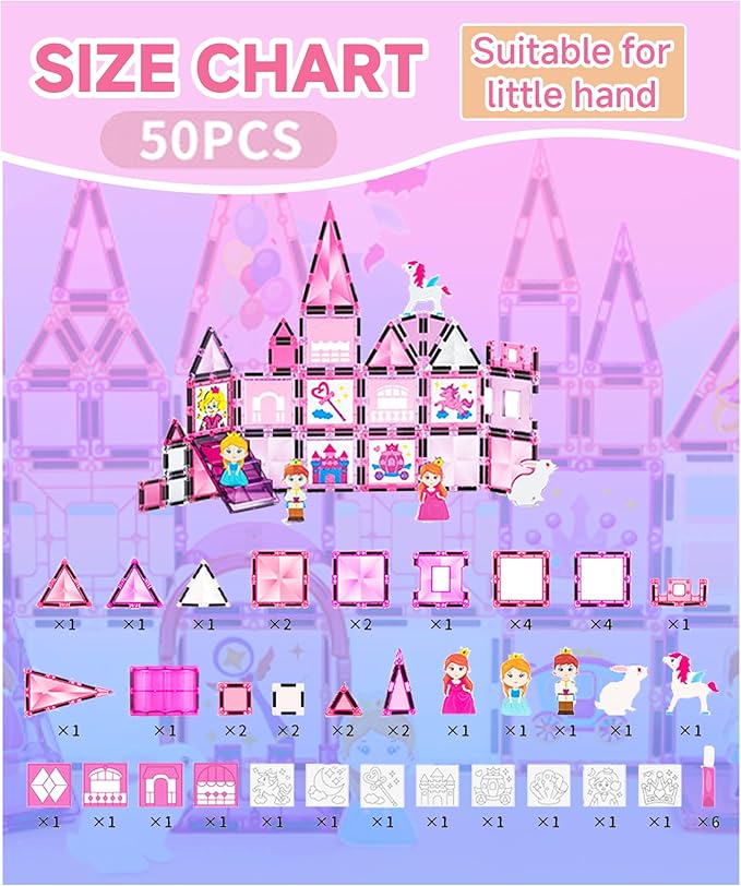 Magnetic Tiles 50 Pcs Princess Theme Set Magnets Building Blocks with Princess Castle Toys DIY Painting Set and 5 character figures for Kids Ages 4-8 toddlers STEM Birthday Gifts for Girls Boy
