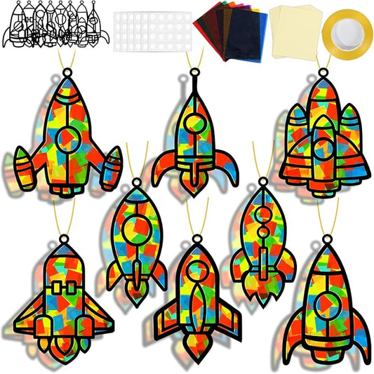 32 Sets Outer Space Rocket Suncatchers Craft Kit DIY Window Stained Glass Effect Space Theme Paper Crafts for Home School Classroom Decoration Kid Birthday Gifts Creative Art Projects Activity Game