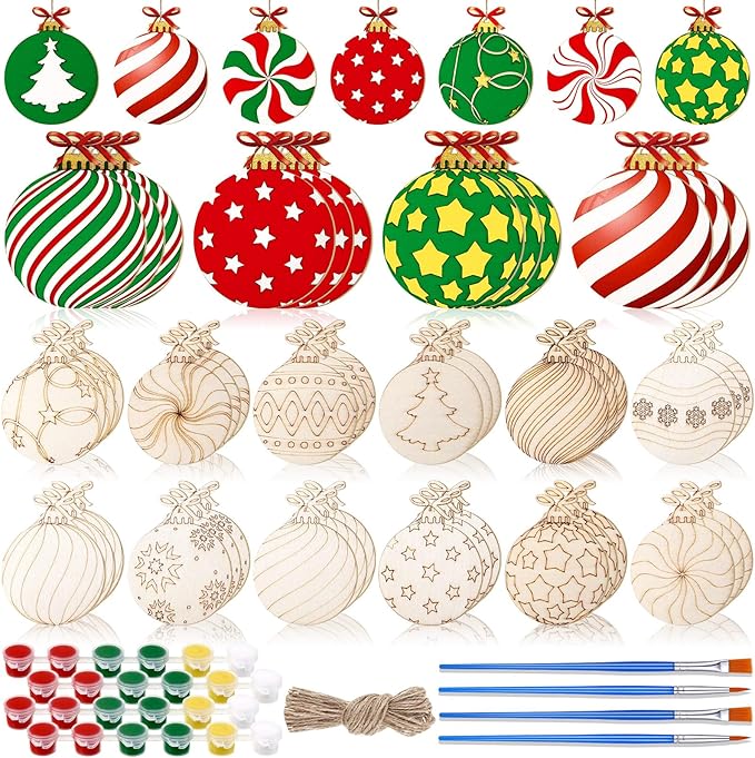 60 Pcs Wood Christmas Crafts for Kids DIY Paint Xmas Ornaments Blank Unfinished Wooden Cutouts Shapes Slices Hanging Embellishment for Christmas Tree Holiday Party Decor(Ball)
