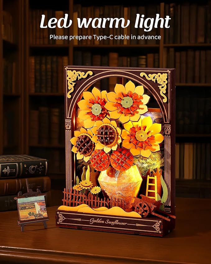 Wowood 3D Wooden Puzzles for Adults - Van Gogh Golden Sunflower DIY Model Building Kits with LED Light - Home Decor, Wall Art & Unique Creative Gifts for Art Lovers