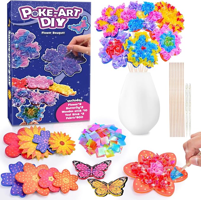 MDINGTD Toys for 4 5 6 7 8+ Year Old Girls, Poke Art Flower Bouquet with 8 Flowers & 2 Butterflies Arts and Crafts for Girls Ages 4-12 DIY Creative Activity Birthday Xmas Gifts Craft Kits