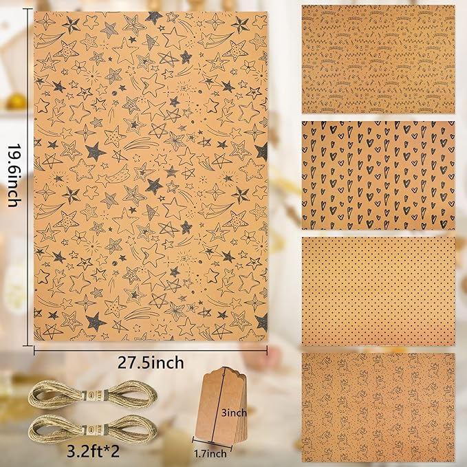 BWLOIES Wrapping Paper Set,Eco Gift Wrapping Paper Folded Sheets,Birthday Gift Wrap Kit,Eco Birthday Paper Recycled Kraft Gift Wrapper paper for Girls Kids Man Boys Women,Tags string