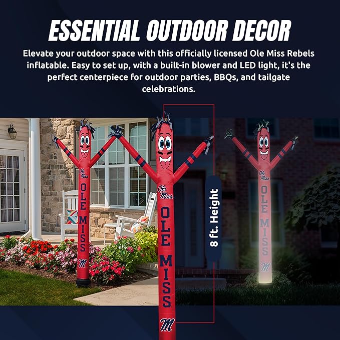 NCAA Mississippi Ole Miss Football Wacky Waving Inflatable Tube Guy with LED Lights & Built-in Blower - 6" x 36" x 96" Inflatable Tube Man Crazy Sports Fan Outdoor Party Decoration