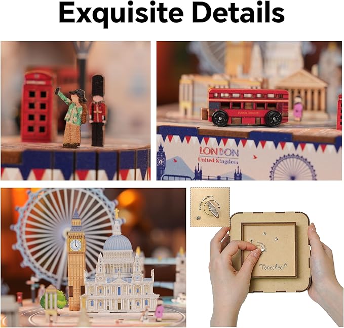 Tonecheer Wooden Music Box Puzzle for Adults,DIY Rotating Music Box Kit 3D Creative Musical Puzzle Crafts Model Building Kits Desk Decor for Teens Kids Birthday Gift (London Music Box)