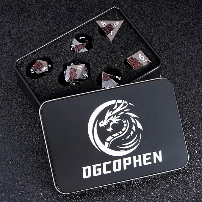 Metal DND Cat Dice 7PCS Polyhedral RPG Dice Set with Gift Case for Dungeons Dragons Role Playing Game, D and D Dice D6 D8 D10 D12 D20 D% (Red Black)
