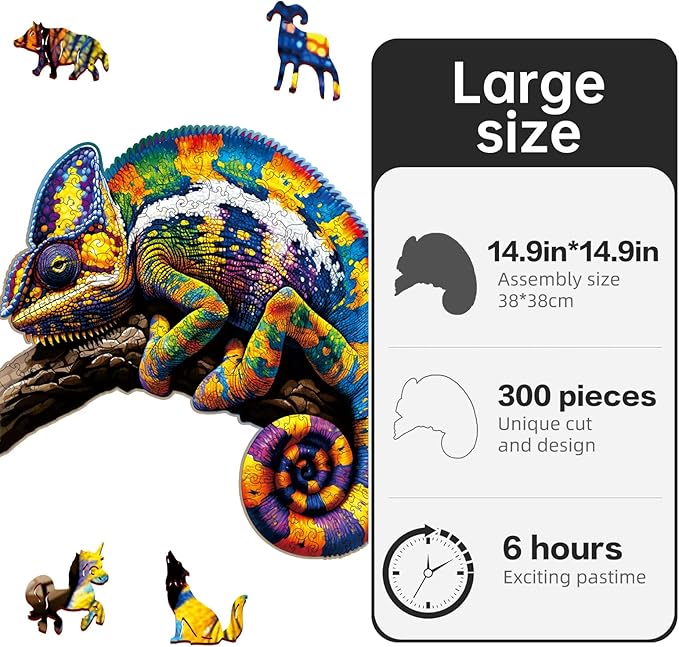 Wooden Puzzles,Chameleon Jigsaw Puzzles,300 Pieces Colorful Animal Puzzle,Birthday Gift Family Game 14.9 x 14.9 Inch,Unique Shaped Wooden Puzzle for Adults