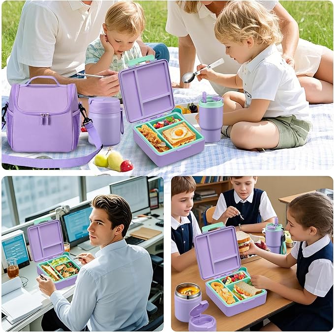 Bento Lunch Box for Kids with 17oz Soup Thermo,Insulated Tumbler Water Bottle and Insulated Lunch Bag,Leak-Proof 3 Compartment Lunch Food Container with with Ice Pack for Kids to School-Purple