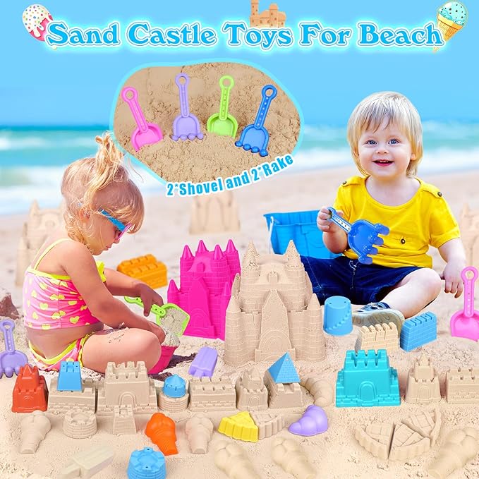 Beach Toys Sand Toys for Kids, Sand Castle Toys for Beach with 2 Sand Castle Bucket and Mesh Bag, Sand Molds, Shovels and Rakes, Sandbox Toys for Toddlers, Travel Beach Toys for Kids 3-10