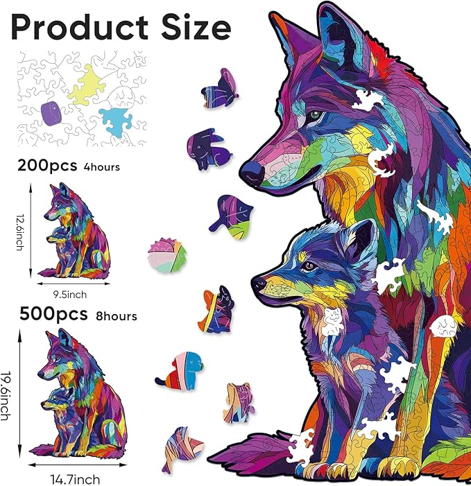 Wooden Puzzles for Adults, 5MM 500 Pieces Color Wolf Family Wooden Jigsaw Puzzles, Animal Puzzle Unique Shaped Gifts for Adults and Kids on Thanksgiving, Christmas Family Puzzle Games (14.7"*19.6")