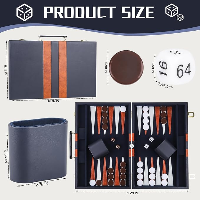 Froggod 15 inch Backgammon Sets for Adults - Classic Board Game for Adults - Portable Travel Backgammon Set for 2 Players - Perfect Adult Board Games for Gifts & Family Fun(Blue)