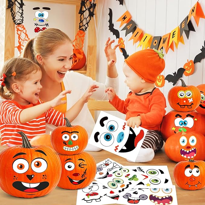 BainGsek 26 Pack Halloween Decoration Stickers, 56 Fun and Classic Pumpkin Face Stickers, Pumpkin Painting Craft Kit, Halloween Party Gift to Kids Decorations to Make Jack O Lantern Face Decal