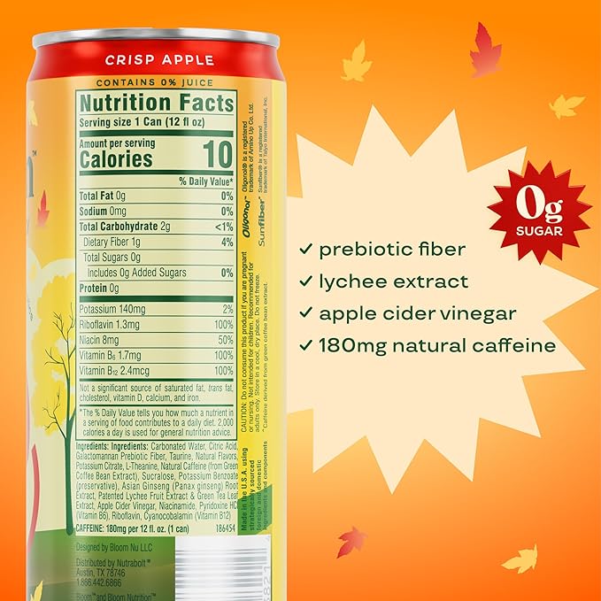 Bloom Nutrition Sparkling Energy Drink - Natural Caffeine, Zero Sugar, 180mg Caffeine - Antioxidant-Rich with Green Coffee Bean, Green Tea Extract, Prebiotics - Crisp Apple - 12oz 12 Pack