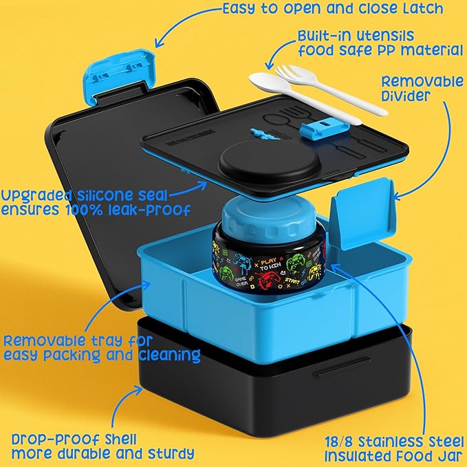 Fimibuke Bento lunch Box Set for Kids Adult with 8oz Thermos Food Jar, Insulated Lunch Bag &Sauce Cup, Leakproof Dishwasher Safe Toddler Lunch Food Container with 3-4 Compartment for School Girls Boys