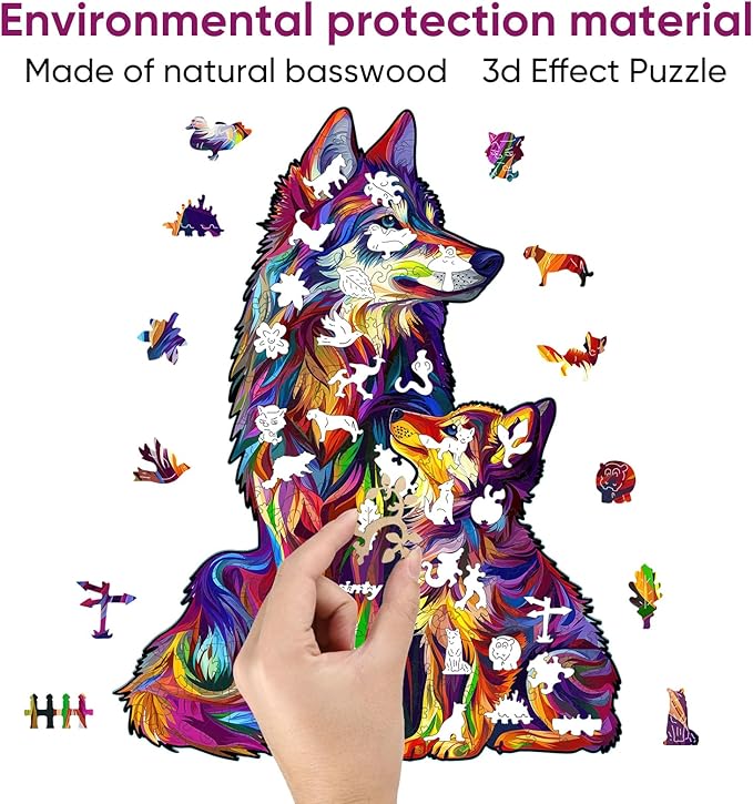 Wooden Puzzles for Adult, Wolf Family Jigsaw Puzzles 200 Pieces, Unique Shaped Animal Wood Adult Puzzle, Best Gifts for Adults and Kids Family Games 9.8 * 12.6inches