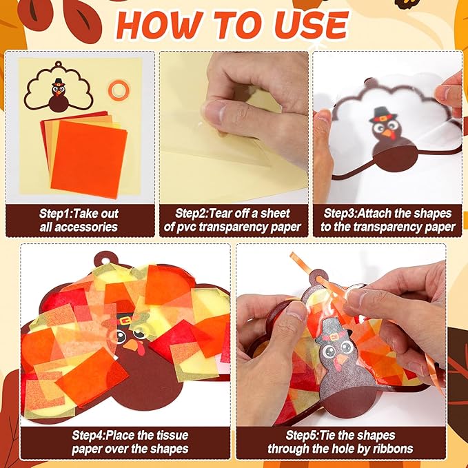 Qyeahkj 36 Set Thanksgiving Turkey Suncatchers Craft Crafts for Kids DIY Fall Window Tissue Paper Craft Kit Autumn Hanging Decor for Harvest School Home Activity Art Project Birthday Party Favor Gift