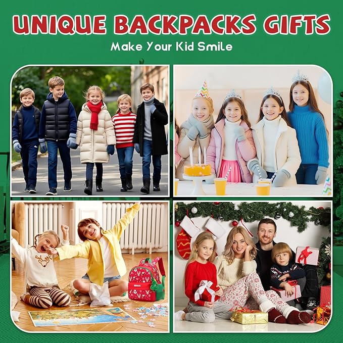Kids Christmas Backpack Holiday School Bag with Santa & Reindeer Print, Lightweight Durable Bookbag with Plush Keychain Gift for Boys Girls