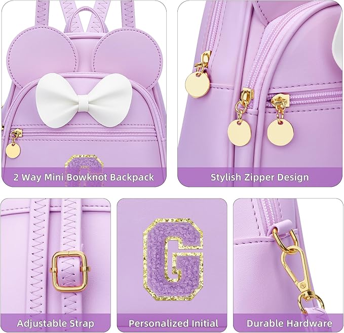 KKXIU Girls Initial Bowknot Cute Mini Backpack for Toddler, Travel Small Girl Backpacks, Personalized Trendy Stuff Gift for Little Girls and Kids(G, Purple)