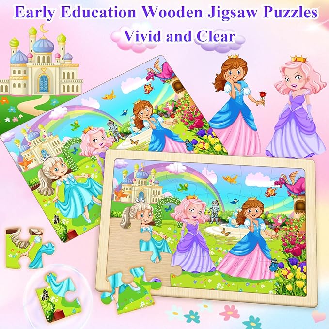 Wooden Puzzles for Kids Ages 4-6, 4 Pack with 24 Pieces Unicorn, Mermaid, Princess, Elf Wooden Puzzles for Toddlers Set, Educational & Learning Puzzles, Toys Gifts for 3 4 5 6 Year Old Boys Girls
