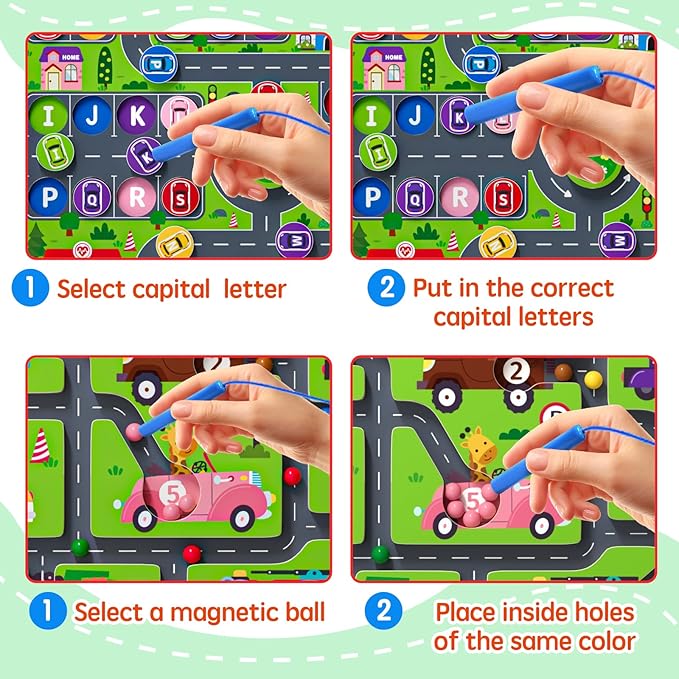 2 in 1 Magnetic Color and Number Maze Double-Sided ABC Alphabet Puzzles Board Magnet Dinosaur Counting Maze Preschool Learning Montessori Education 3 4 5 Years Toys (Car, One Size)