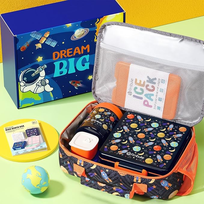 Fimibuke Kids Bento Snack Lunch Box with 4 Compartment, Insulated lunch Bag, Stainless Steel Vacuum Thermos Food Jar, Ice Pack, Utensils Set, Birthday Gift for Age 3-12 Back to School Toddler Girl Boy