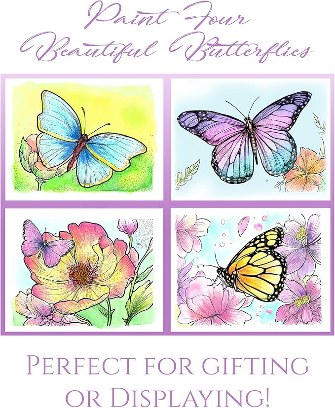 Flutterby Watercolor Kit – 4 Butterfly Pre-Printed Painting Projects for Artists, Beginners, or Groups - Includes 140lb Paper, Paint, Brush & Guide – Perfect for Travel or Home DIY Art