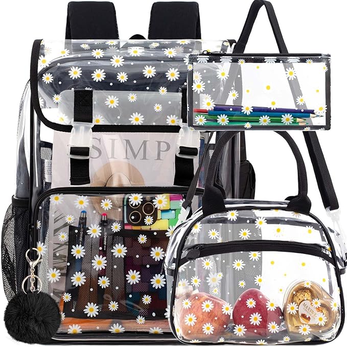 17" Daisy Clear Backpack for Girls - 3Pcs Flip Design Stadium Approved Set, Waterproof Campus/School Transparent Bookbag (Black)