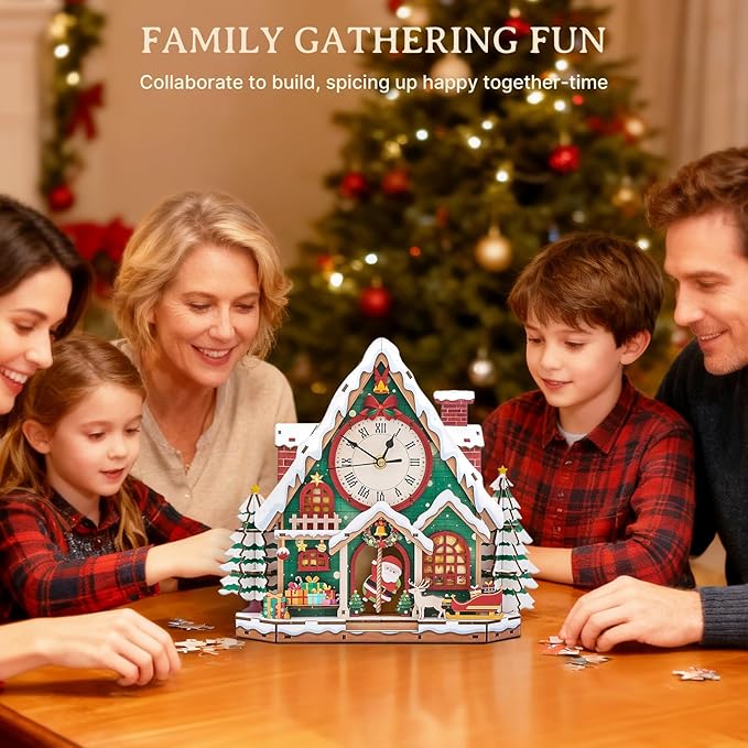 KAAYEE 3D Puzzle for Adult, Wooden Christmas Cabin Pendulum Clock Mechanical Model Kit, 66 PCS DIY Vintage Wall Clock Building Kit, Creative Craft Gift for Birthday Home Decor (Battery Not Included)