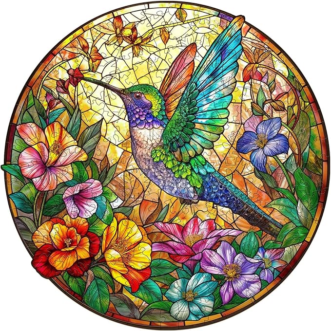 Wooden Puzzle for Adults, Stained Glass Hummingbird Puzzle, Unique Animal Shape Puzzles, Wooden Jigsaw Puzzles for Adults, Thanksgiving for Family Friend (M-11.4 * 11.4in - 200psc)
