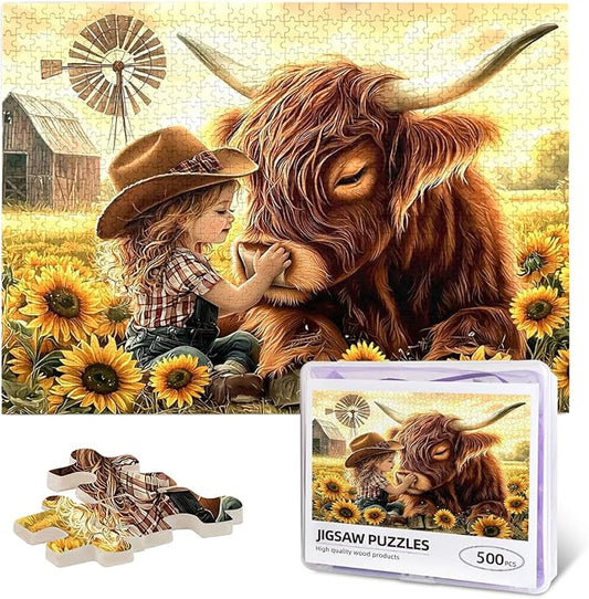 Cute Girl Highland Cattle Jigsaw Puzzle 500 Piece, Sunflower Jigsaw Puzzles,Flowers Puzzle Nature Animal Flower Painting Jigsaw Puzzles 500 Piece,Birthday Gifts for Adults and Family Game