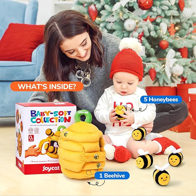 JoyCat Baby Toys 6-12 Months - Soft Baby Beehive with 5 Sensory Bees - Rattle, Crinkle Paper, Squeaker, Mirror, Busy Montessori Soft Toys for Toddlers 0-3 Years Old - Baby Christmas Birthday Gift