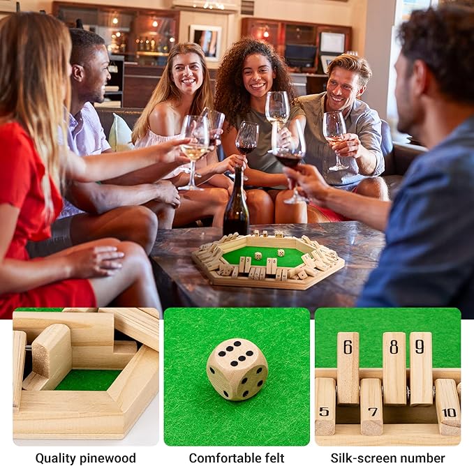 ropoda Shut The Box Game, Upgraded 1-6 Player Wooden Board Games for Adult and Kids, Shut The Box Dice Game -Addition Training, Fun for Family Game Night
