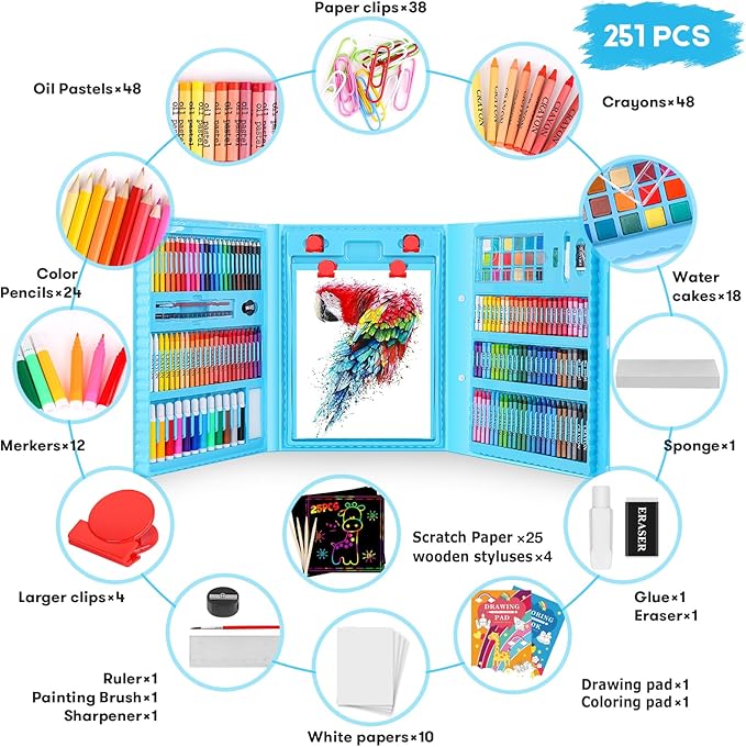 iBayam Art Case Coloring Set - (251ct), Art Kit for Kids, Toys for Girls & Boys, Art Supplies Set, Gift for Kids with Trifold Easel, Scratch Paper, Sketching/Coloring Book, Crayons Pencils