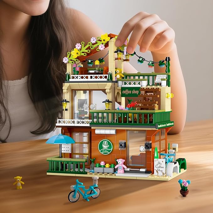 3 in 1 Coffee House Building Set with Light, 875 PCS City Cafe Shop Building Block Toy Architecture Construction Model for Adults Teens Kids Boys Girls Ages 8-12+