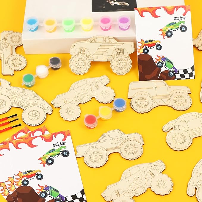 LARDUX Monster Truck Party Favors, 24PCS DIY Wooden Arts & Crafts Painting Kit for Kids, Glow in The Dark Party Favors Family Crafts Birthday Party Christmas Gifts Toys for Boys Girls