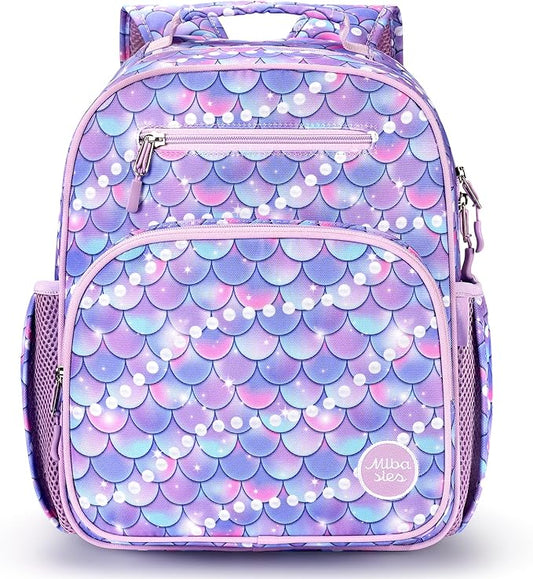 mibasies Kids Backpack for Girls: Girls Backpack 5-8 - Kindergarten Elementary School Bookbag for Girl - Fish scale Purple