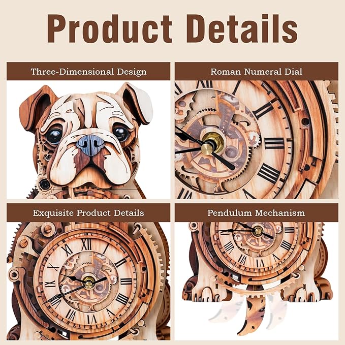 3D Wooden Puzzles for Adults Bulldog Clock - Model Building Kit Wall Clock Puzzle Creative Craft Gift Home Deco for DIY Enthusiasts, Brain Teaser Building Set Birthday Gifts
