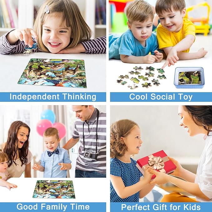 Dinosaur World Puzzles for Kids Ages 4-8, 100 Pieces Jigsaw Puzzles for Kids Ages 3-5 Puzzle for Girls and Boys Learning Educational Puzzles Toys in a Metal Box